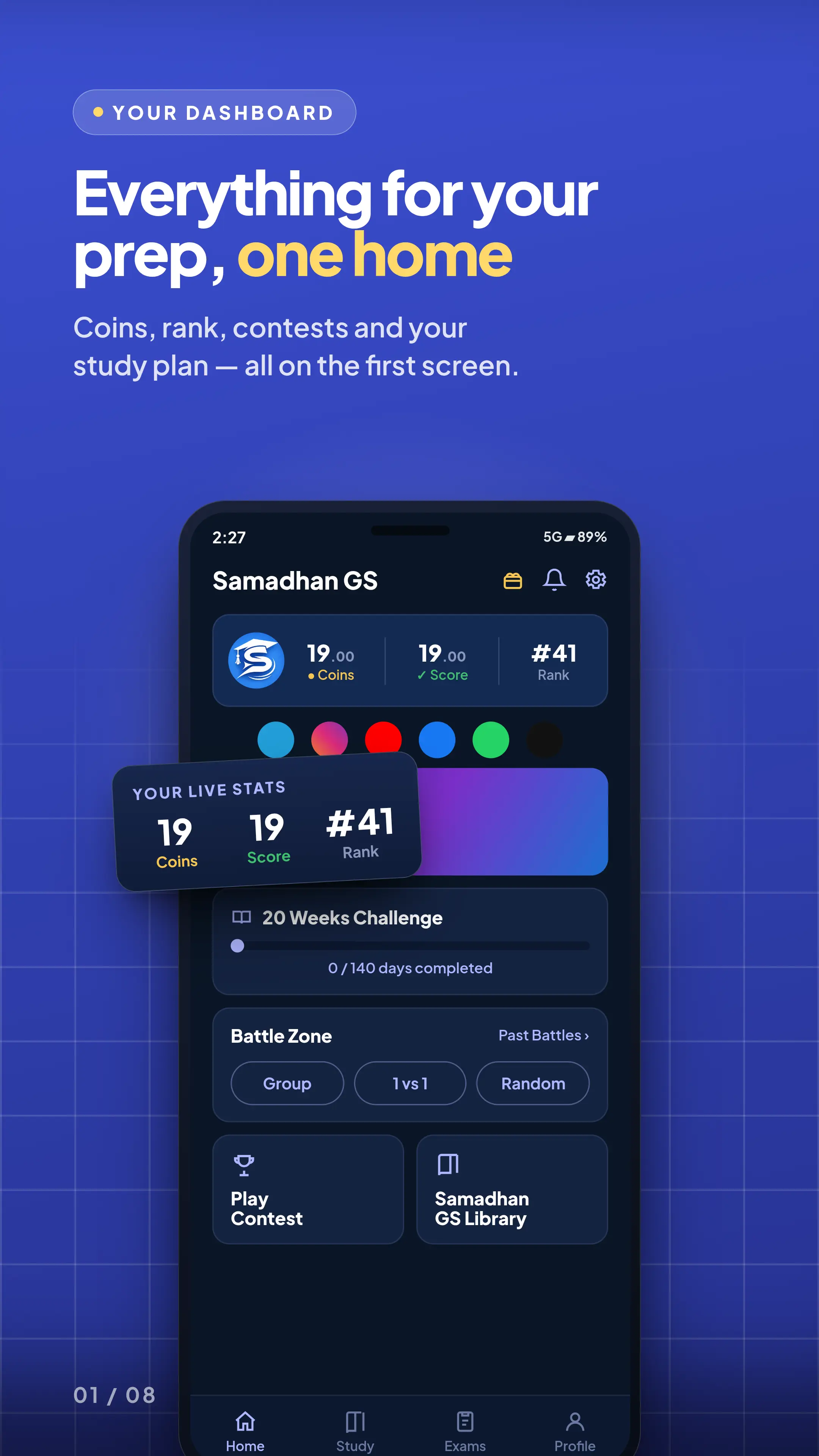 Home dashboard — coins, all-India rank, contests and the 20-week plan on the first screen.