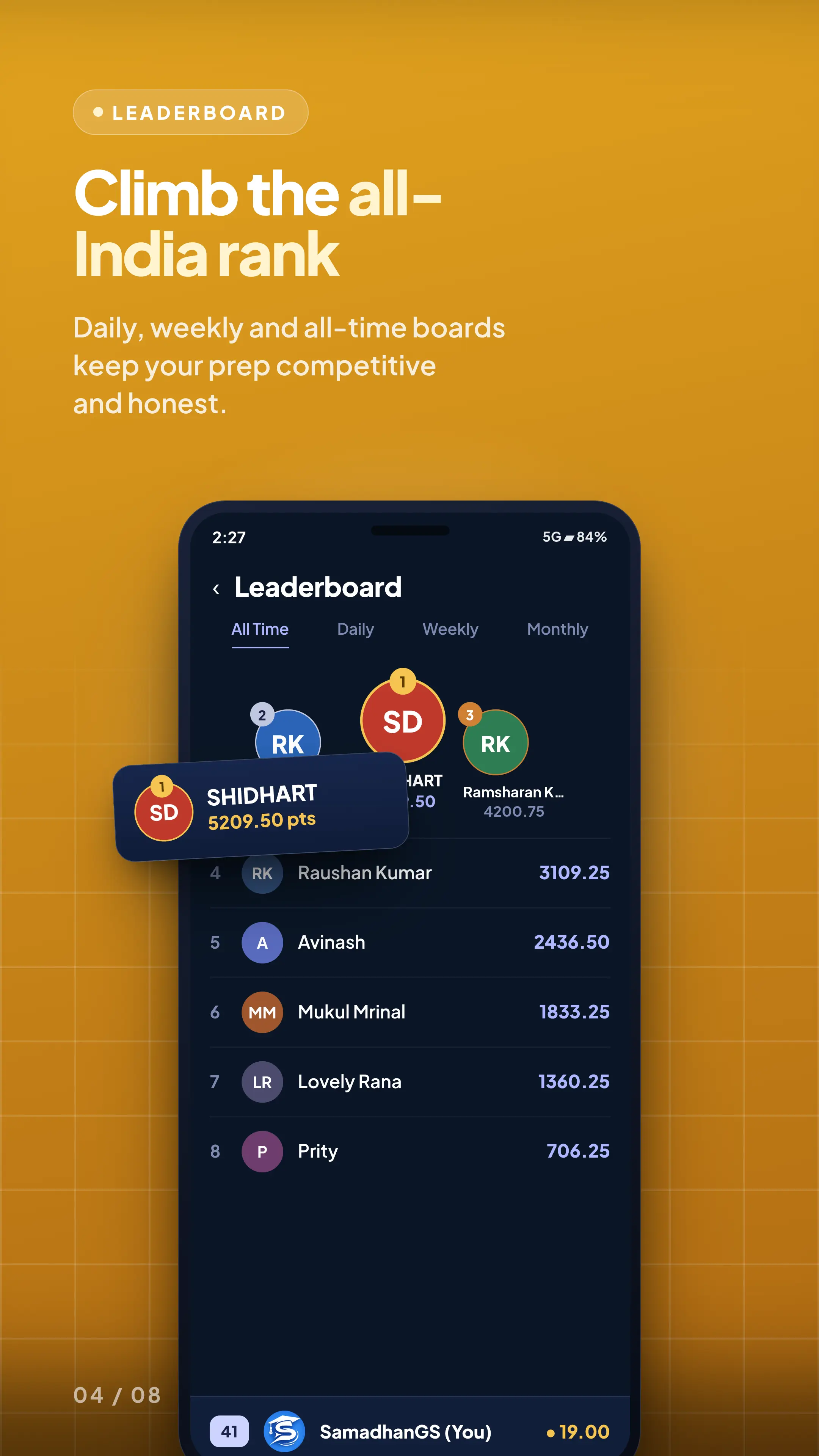 Leaderboards — daily, weekly, monthly and all-time boards keep prep competitive.