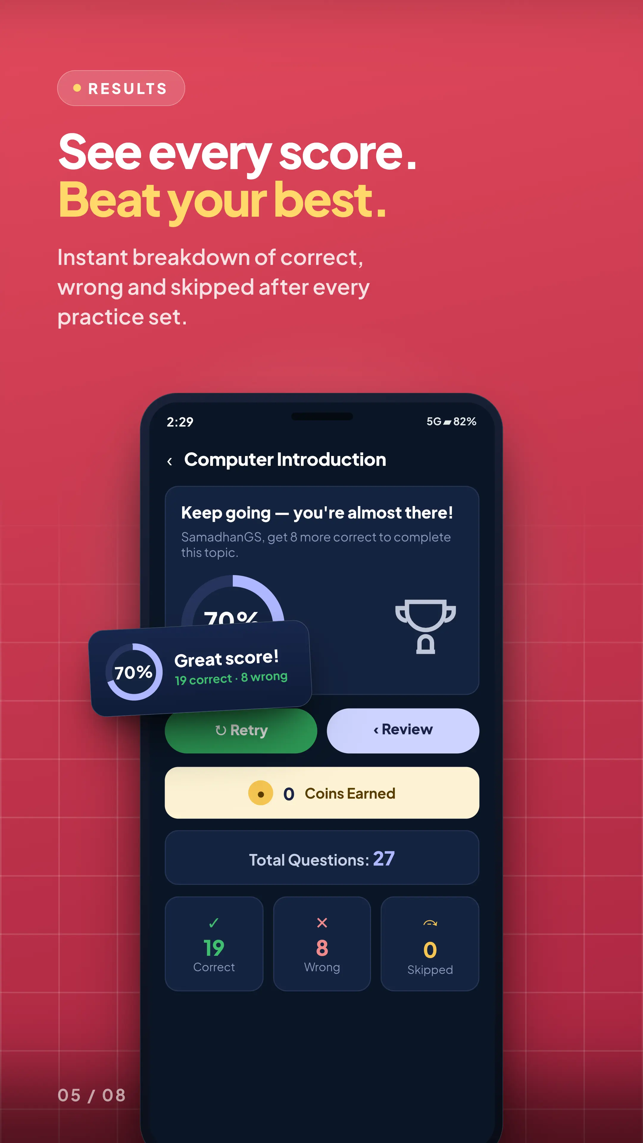 Results — instant correct / wrong / skipped breakdown and coins after every practice set.