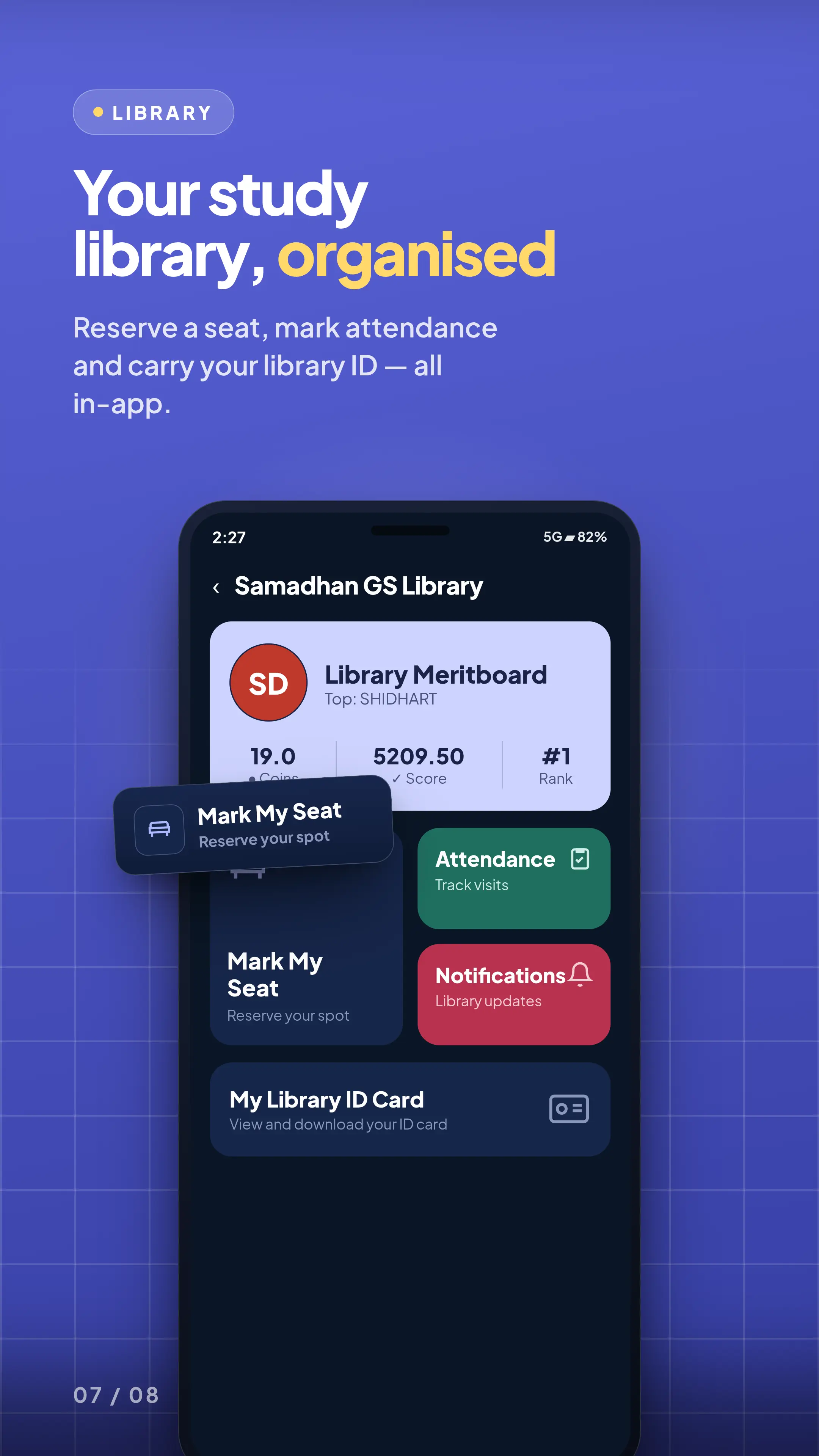 Samadhan GS Library — seat reservation, attendance, meritboard and digital library ID.